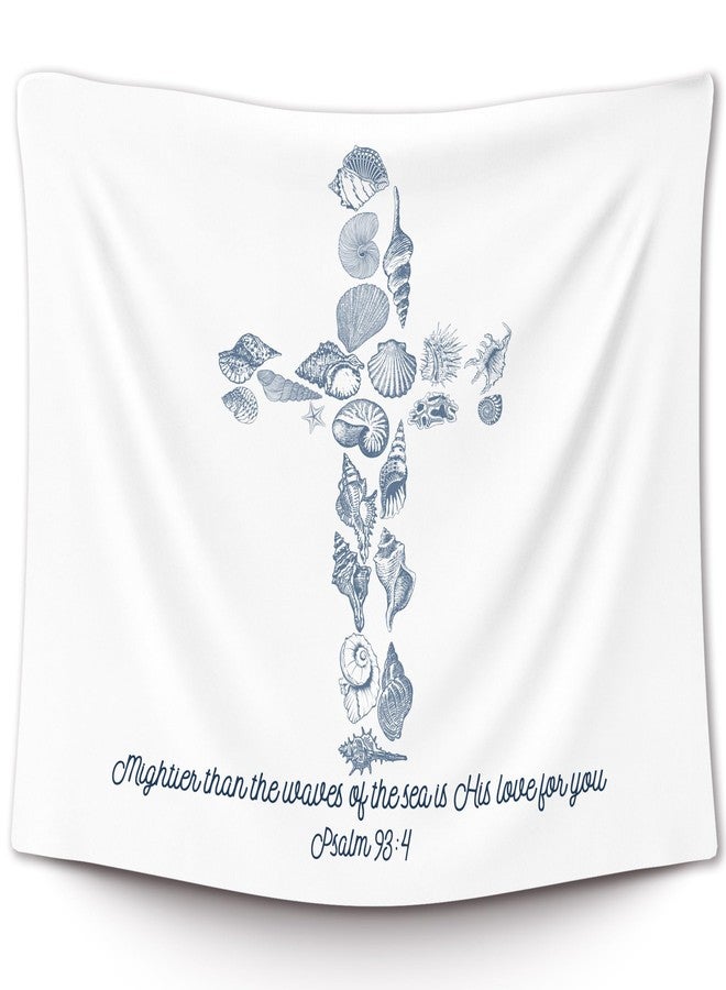 XLDLIOO Christian Ocean Tapestry, Bible Verse Beach Coastal Cross Sea Shell Wall Tapestry Hanging for Beachy House Bedroom, Blue Easter Tapestries Wall Decor Art for Church Prayer Room 50x60in - Image 1